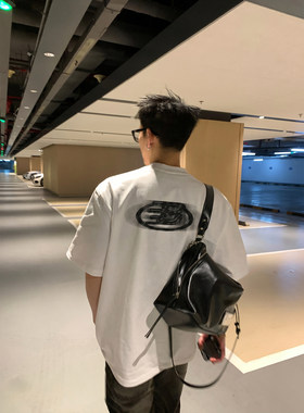 PLTH*美式潮牌后背LOGO渐变印花短袖T恤男宽松高街痞帅半袖上衣潮