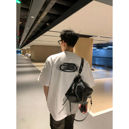 PLTH*美式潮牌后背LOGO渐变印花短袖T恤男宽松高街痞帅半袖上衣潮