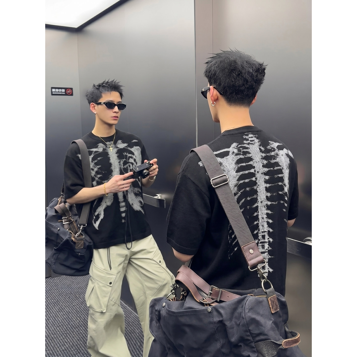 PLTH*潮牌美式哥特风骷髅涂鸦印花短袖T恤男女夏季宽松华夫格半袖
