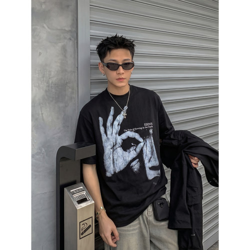PLTH*美式复古暗黑风人像印花短袖T恤男夏宽松小众设计感半袖上衣