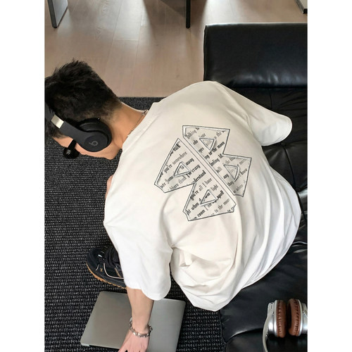 PLTH*夏季美式复古重磅350g双纱高品质水洗做旧印花宽松短袖T恤潮