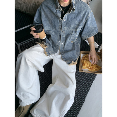PLTH*美式小众设计高级感流苏破洞拼接迷彩水洗做旧牛仔外套男潮