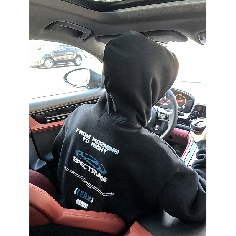 PLTH*美式复古后背字母印花男重磅加绒短宽版型防风通勤连帽卫衣