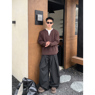 毛衣男cleanfit半开V领套头毛衣 复古假两件手缝线针织衫 PLTH 美式