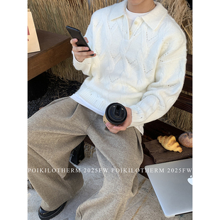 PLTH*韩版翻领麻花编织POLO毛衣男秋冬宽松设计感纯色羊毛针织衫