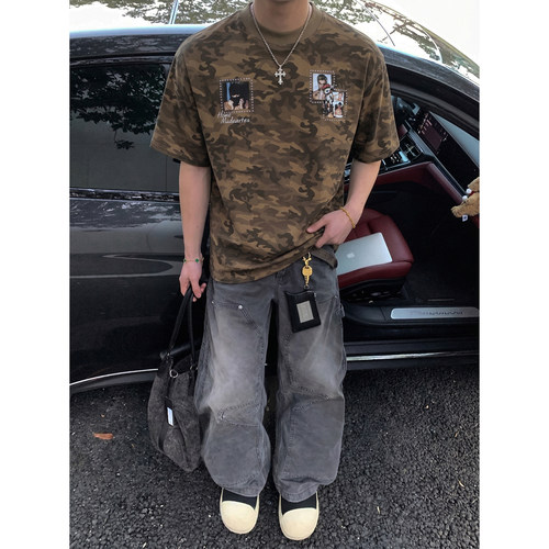 PLTH*夏季美式复古迷彩短袖T恤男做旧人像印花宽松高街半袖上衣潮