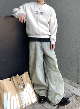 PLTH*美式复古水洗做旧蓝牛仔裤男宽松直筒阔腿小众痞帅拖地长裤