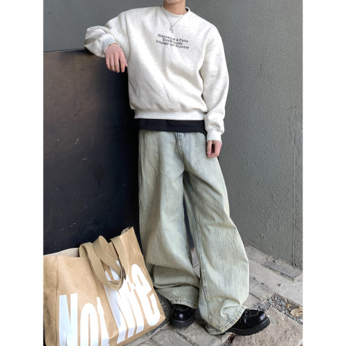 PLTH*美式复古水洗做旧蓝牛仔裤男宽松直筒阔腿小众痞帅拖地长裤
