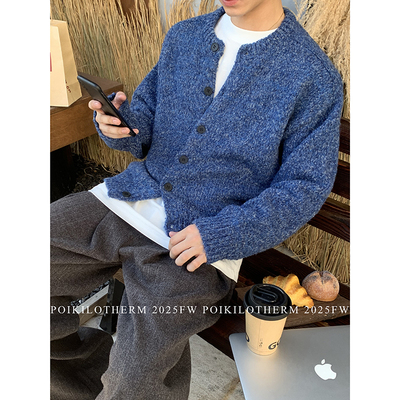 PLTH*韩系慵懒风软糯圈圈纱短款单排扣毛衣针织开衫外套男女同款