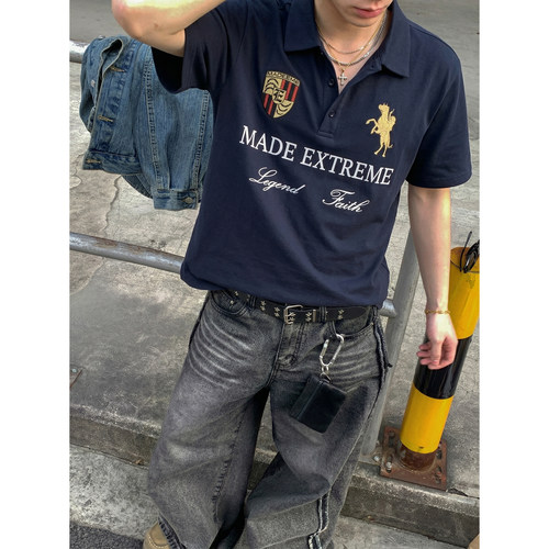 PLTH*美式复古刺绣徽章Polo衫男夏季宽松重磅骑士印花翻领短袖潮