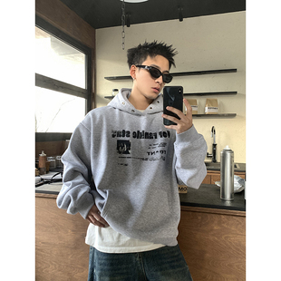 型休闲通勤连帽卫衣男 加绒保暖防风棉袄做旧字母短宽版 PLTH 冬季