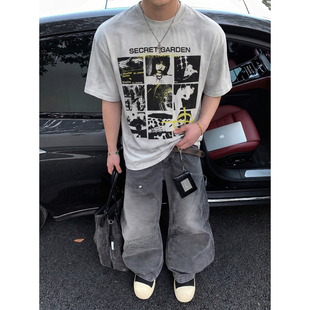 T恤男宽松高街潮流半袖 复古扎染做旧拼贴人像印花短袖 女 美式 PLTH