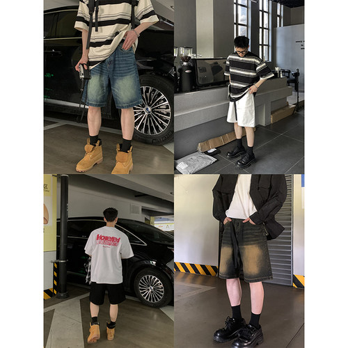 PLTH*新款牛仔短裤男夏季潮流ins五分裤百搭韩版休闲宽松短裤男