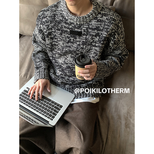 保暖落肩羊毛针织衫 PLTH 毛衣男冬季 复古圆领撞色贴布短款 潮 美式