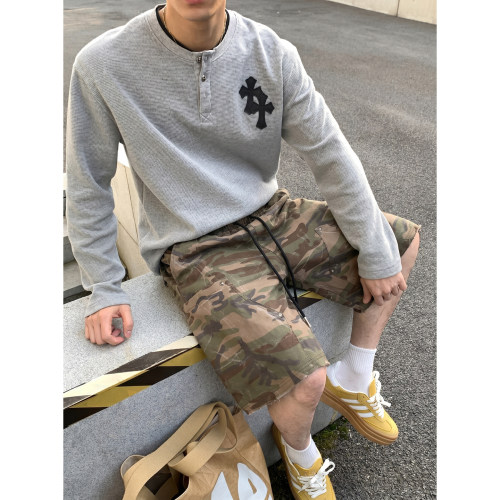 PLTH*美式复古水洗做旧迷彩工装短裤男夏宽松多口袋抽绳五分中裤
