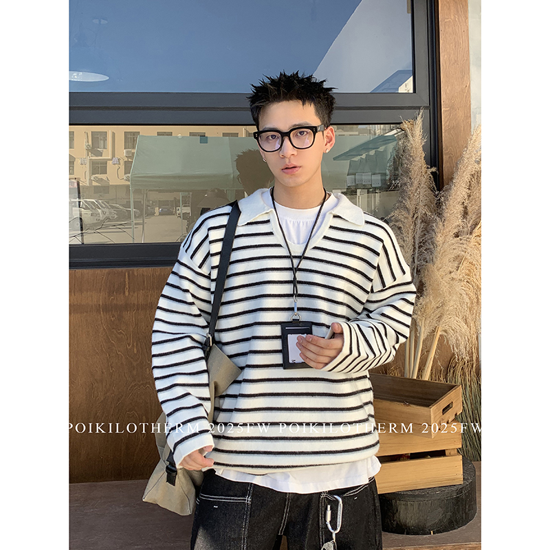 PLTH*美式简约撞色条纹套头毛衣男秋季宽松V领叠穿松驰慵懒风上衣