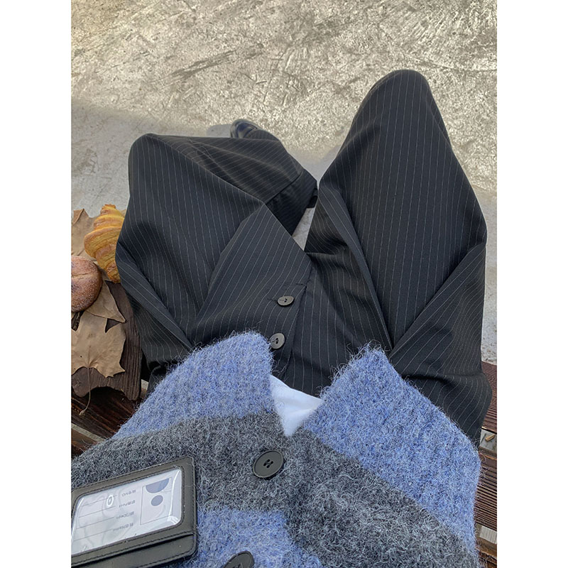 PLTH*美式灰色褶皱线条A字版西裤老钱风宽松休闲垂感阔腿西装裤男