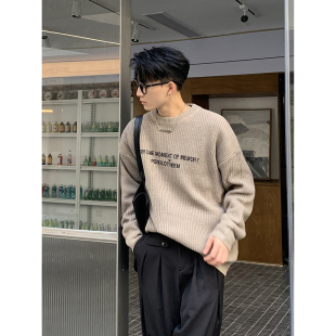 圆领ins毛衣男 纯色简约字母设计宽松针织衫 PLTH 早春韩系街头时尚
