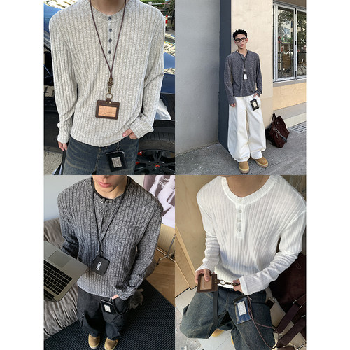 PLTH*春季新款简约慵懒亨利领纯色打底衫肌理感男cleanfit长袖T恤
