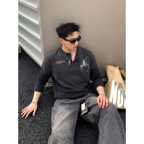 PLTH*美式街头亨利领长袖T恤男做旧人像印花宽松百搭潮流情侣上衣