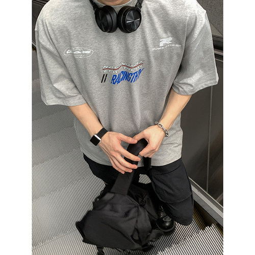 PLTH*美式重磅原创logo纯棉小领口宽松休闲版型小众赛车印花T恤男