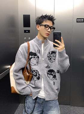 PLTH*美式提花人像立领双拉链针织外套男秋冬高级感通勤开衫毛衣