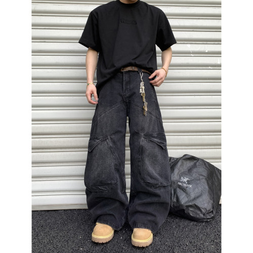 PLTH*美式高街解构工装牛仔裤男潮牌阔腿宽松做旧水洗直筒工装裤