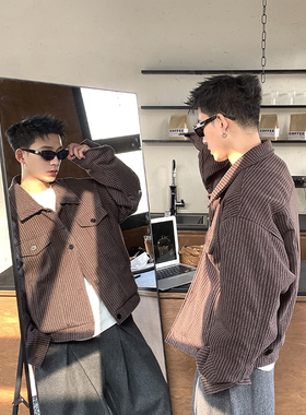 PLTH*美式复古老钱风美拉德条纹夹克棉服男秋冬宽松百搭休闲外套
