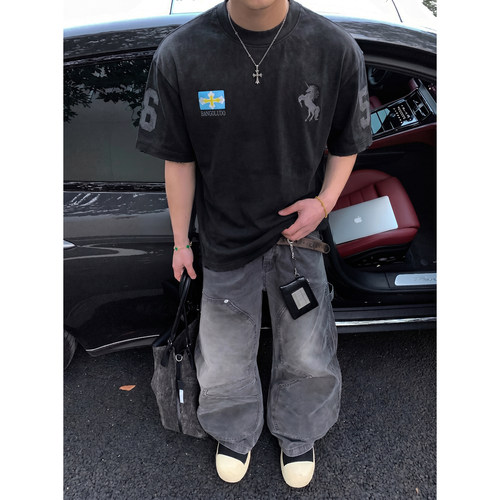 PLTH*美式高街做旧水洗独角兽印花T恤男潮牌街头复古重磅宽松半袖