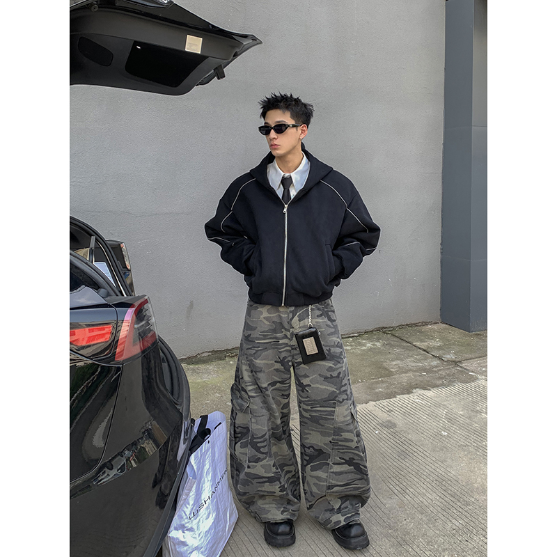PLTH*美式简约反光条拼接连帽开衫卫衣男女休闲运动短款拉链外套