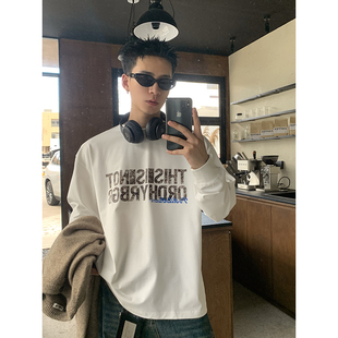 T恤男宽松做旧字母印花百搭打底上衣 重磅纯棉小领口长袖 PLTH 美式