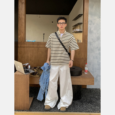 PLTH*美式复古重磅立领半拉链撞色条纹短袖男百搭慵懒风休闲T恤潮