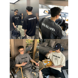 PLTH*夏季美式复古叠印模糊字母短袖T恤男宽松做旧情侣款半袖上衣