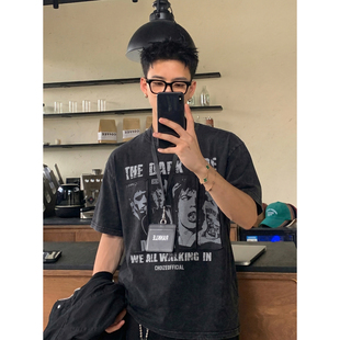 男女宽松高街潮牌半袖 PLTH 复古做旧贴布水洗印花短袖 美式 T恤 夏季