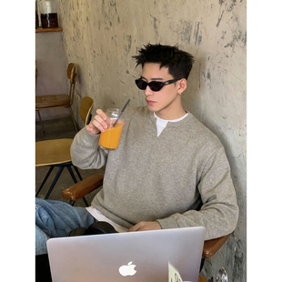 叠穿上衣潮 街头假两件V领卫衣男宽松双层下摆设计感长袖 PLTH 美式