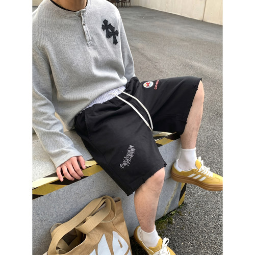 PLTH*美式高街撞色腰头刺绣运动短裤男女夏季宽松做旧休闲五分裤