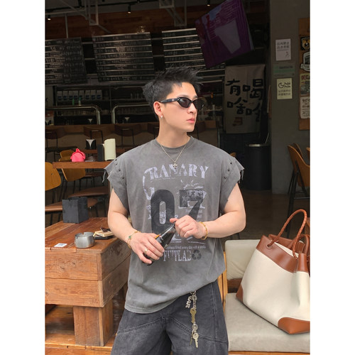 PLTH*美式复古印花铆钉无袖T恤男夏季宽松街头风潮牌运动坎肩背心