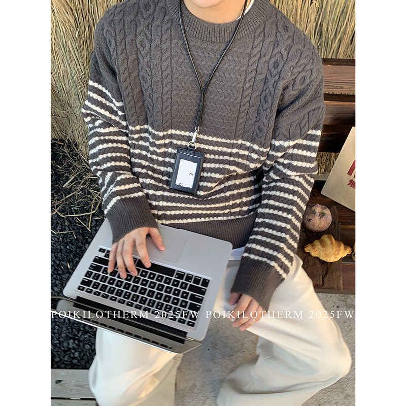 PLTH*韩系条纹撞色毛衣男复古宽松休闲美拉德慵懒感针织羊毛上衣