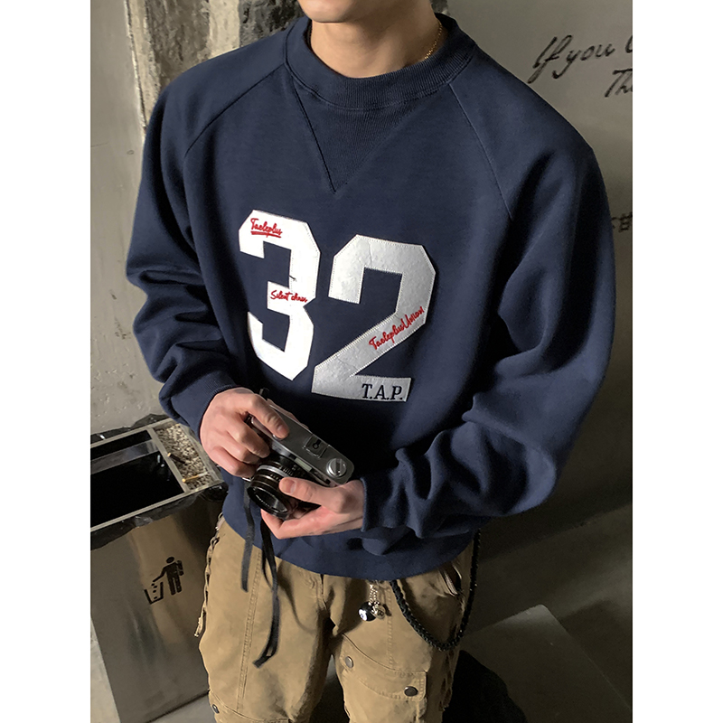 PLTH*美式复古数字贴布绣圆领球服卫衣男宽松百搭高级感运动上衣