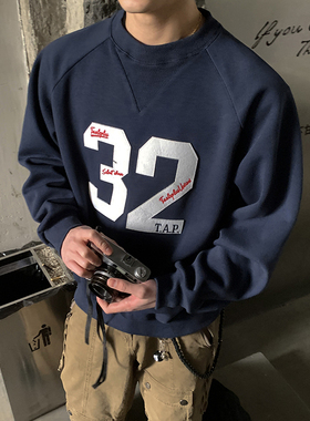 PLTH*美式复古数字贴布绣圆领球服卫衣男宽松百搭高级感运动上衣