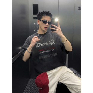 PLTH*夏季美式街头做旧水洗T恤男宽松复古休闲百搭短袖打底上衣潮