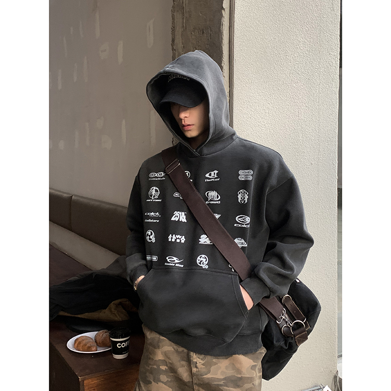 PLTH*美式复古重磅水洗做旧宽松上衣数码直喷印花落肩连帽卫衣男