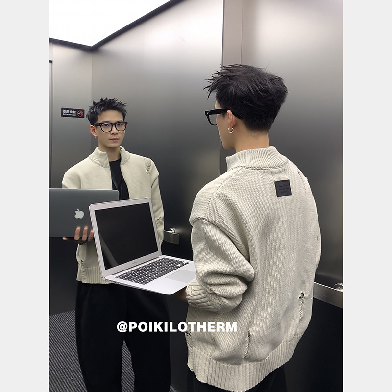 PLTH*美式复古做旧破洞流苏拉链立领开衫毛衣秋冬宽松男针织外套