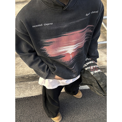 PLTH水洗做旧数码直喷原创印花夕阳印花重磅宽松休闲百搭连帽卫衣