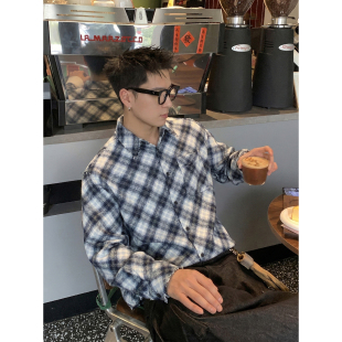 衬衣春季 PLTH 男宽松做旧磨毛长袖 复古格纹毛边衬衫 潮牌上衣 美式