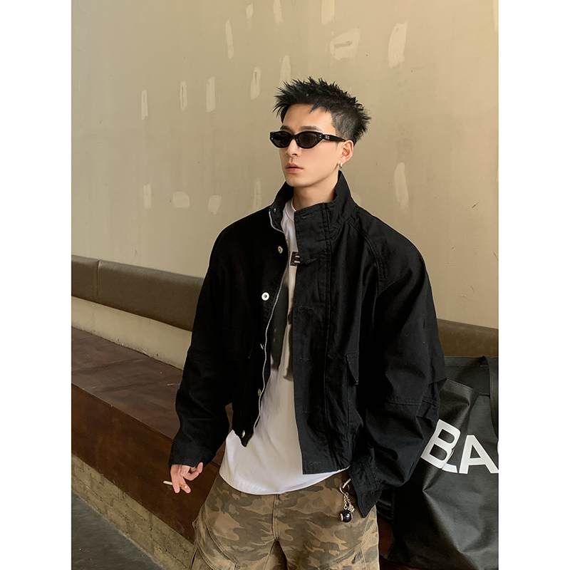PLTH*美式复古牛仔夹克cleanfit重磅大口袋水洗做旧立领外套男潮