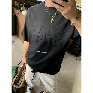 简约水洗做旧海绵字母设计感圆领渐变短袖 PLTH 美式 新款 T恤男 夏季