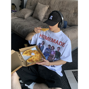 T恤上衣潮 高街复古人物字母印花小领口纯棉宽松休闲短袖 PLTH 美式