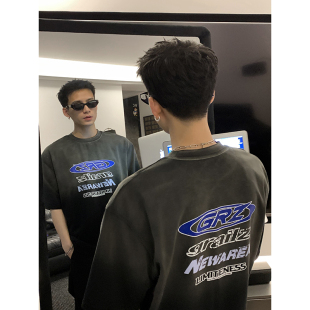 夏季 小领口重磅宽松休闲男女短袖 新品 复古短袖 渐变褪色美式 PLTH