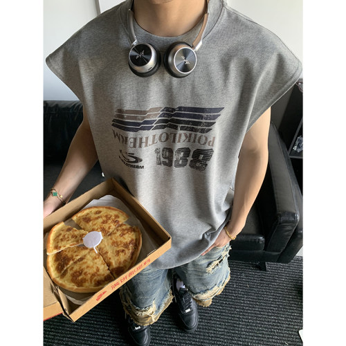 PLTH*美式复古纯棉坎肩夏季沙滩做旧印花背心男宽松运动无袖T恤潮